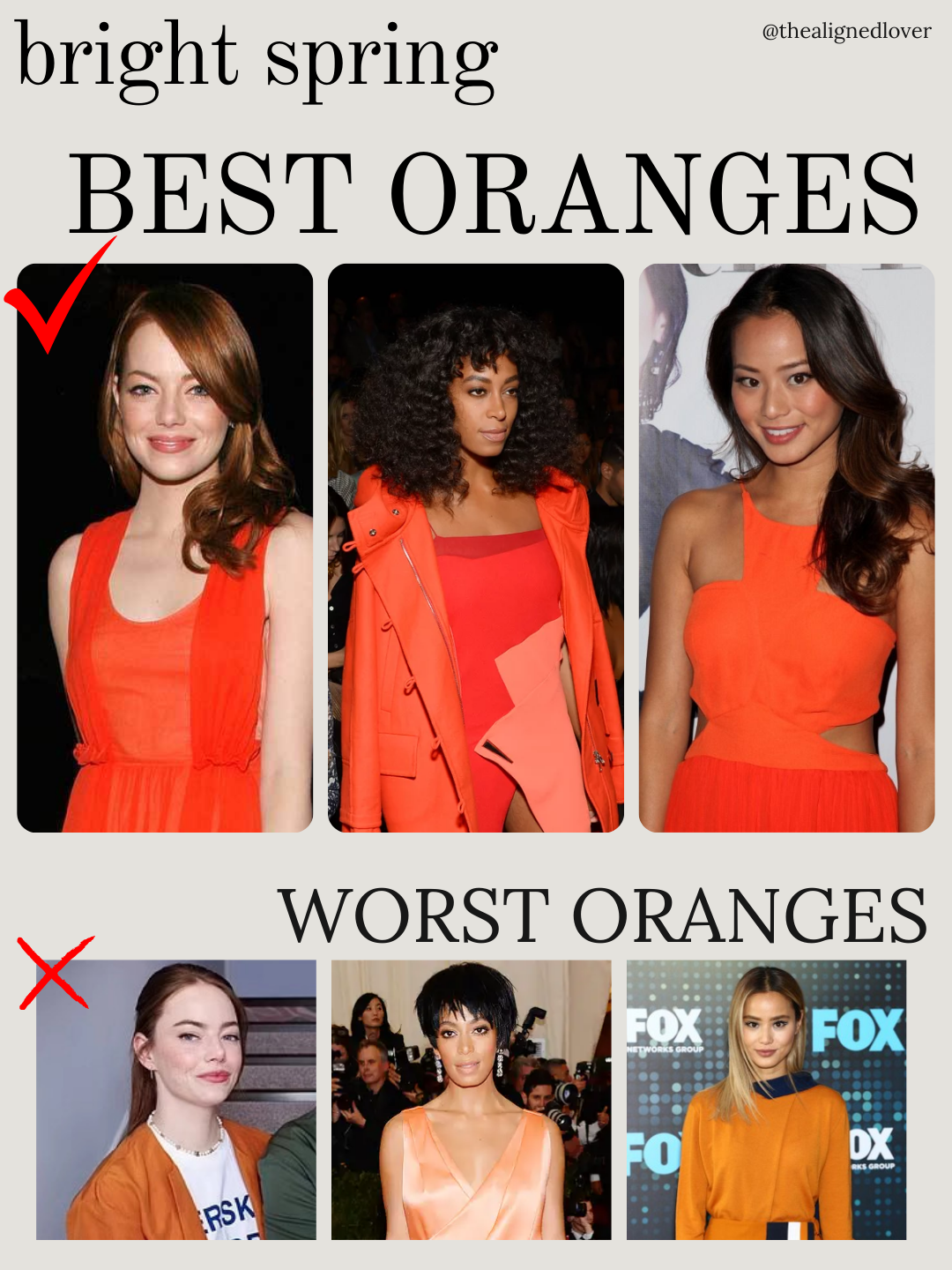 Emma Stone, Solange, and Jamie Chung wearing Bright Spring orange shades. Emma in tangerine, Solange in vivid bright orange, Jamie in coral-orange. Examples of Bright Spring oranges with rust, powdery peach, and autumnal tones as shades to avoid.