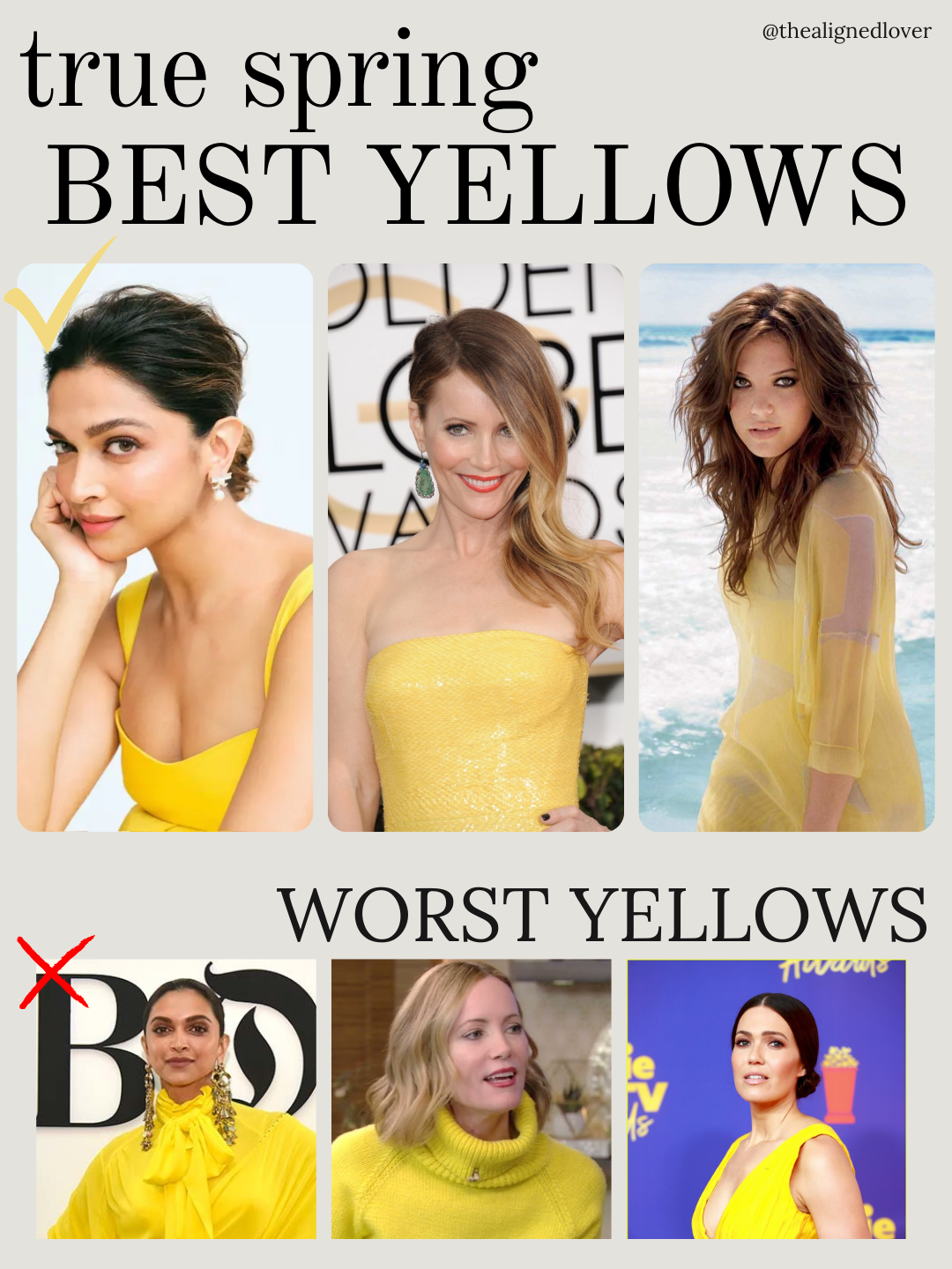 True Spring yellow color palette with buttery yellow, soft sunny yellow, light daffodil, and cream yellow as winning shades; yellow-green, neon yellow, and intense warm gold as shades to avoid.