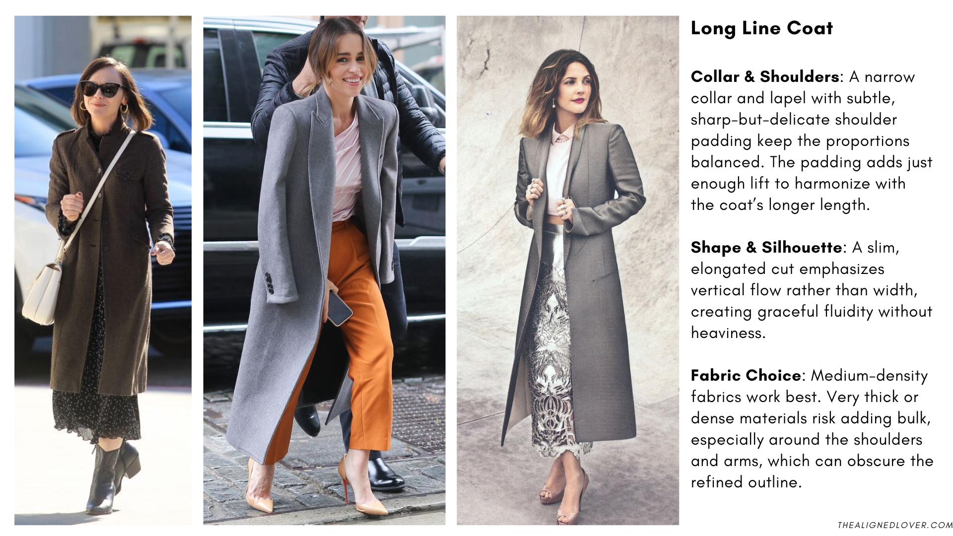 Kibbe Romantic wearing a long slim tapered coat with narrow collar and subtle shoulder padding, emphasizing petite curves and elongated silhouette.