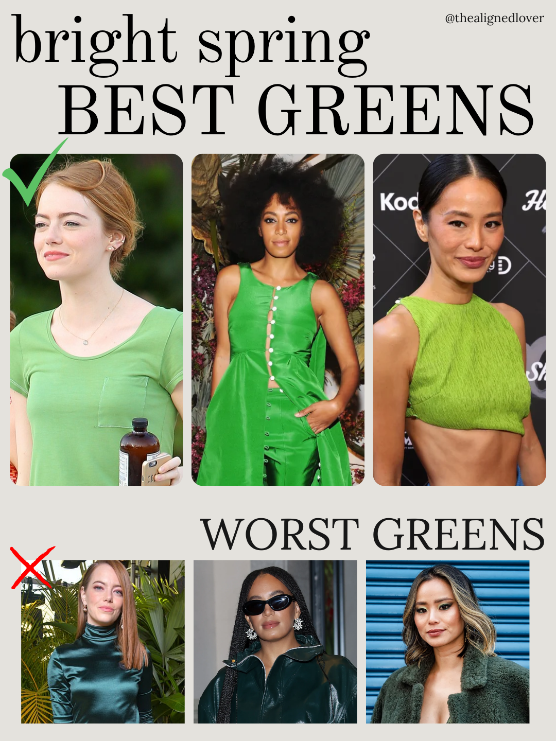 Emma Stone, Solange, and Jamie Chung in Bright Spring greens. Emma in light spring green, Solange in vivid grass green, Jamie in warm lime. Demonstrates the Bright Spring palette for greens, with dark teal, deep pine, and forest green as shades to avoid.