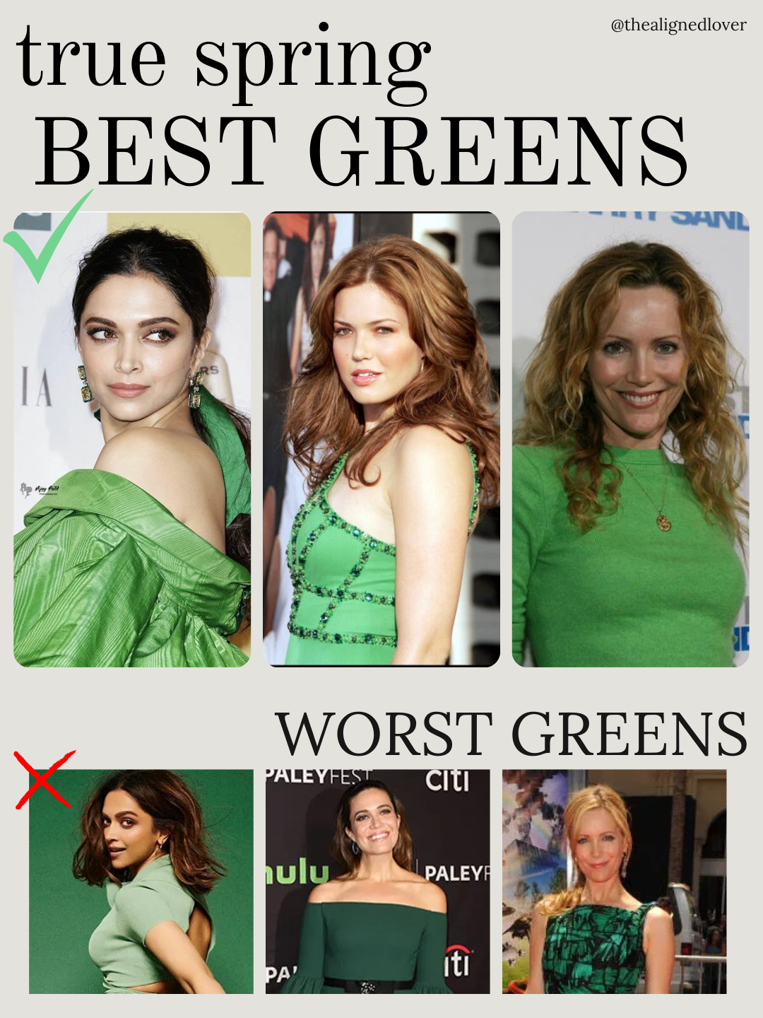 True Spring greens color palette featuring grass green, spring leaf, vibrant moss, and sunlit green as winning shades; muted sage, deep cool green, and flat heavy greens as shades to avoid.
