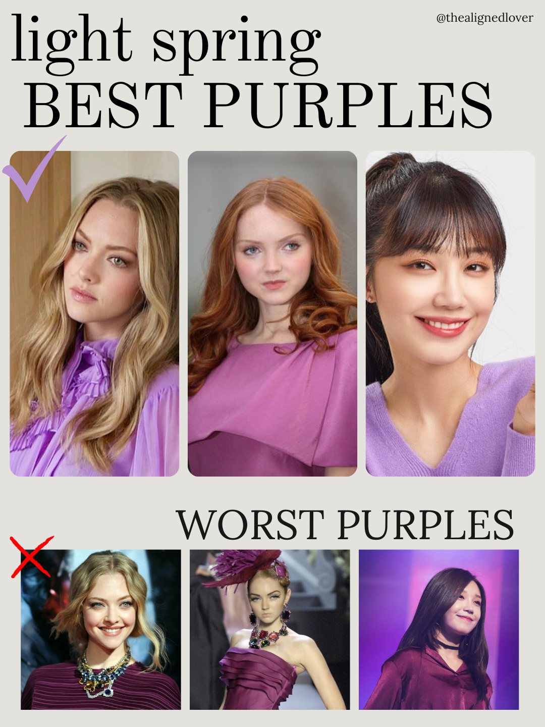 A swatch comparison for Light Spring featuring winning shades (light lavender and warm purpley violets) contrasted with shades to avoid (deep plum and berry purples), showing the importance of lightness over intensity.

