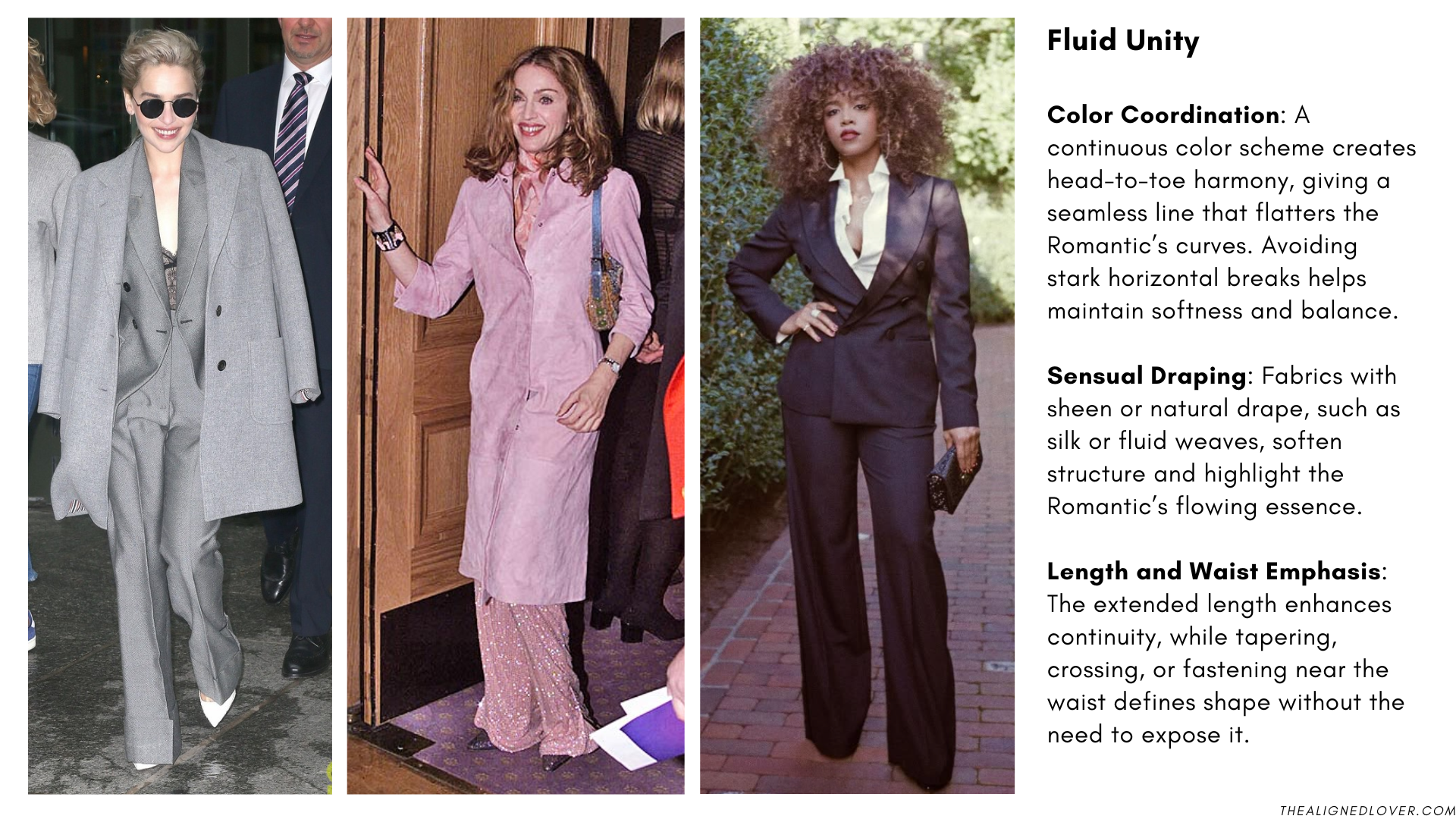 Kibbe Romantic demonstrating fluid draping in a long coat, showcasing waist definition and harmonious head-to-toe color coordination