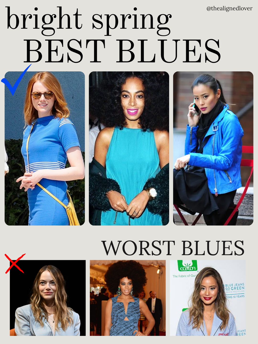 Emma Stone, Solange, and Jamie Chung wearing Bright Spring blue shades. Emma in mid-tone clear blue, Solange in lively turquoise, Jamie in bright blue. Shows the Bright Spring palette for blues, with muted pastel, navy-black, and faded chambray as shades to avoid.