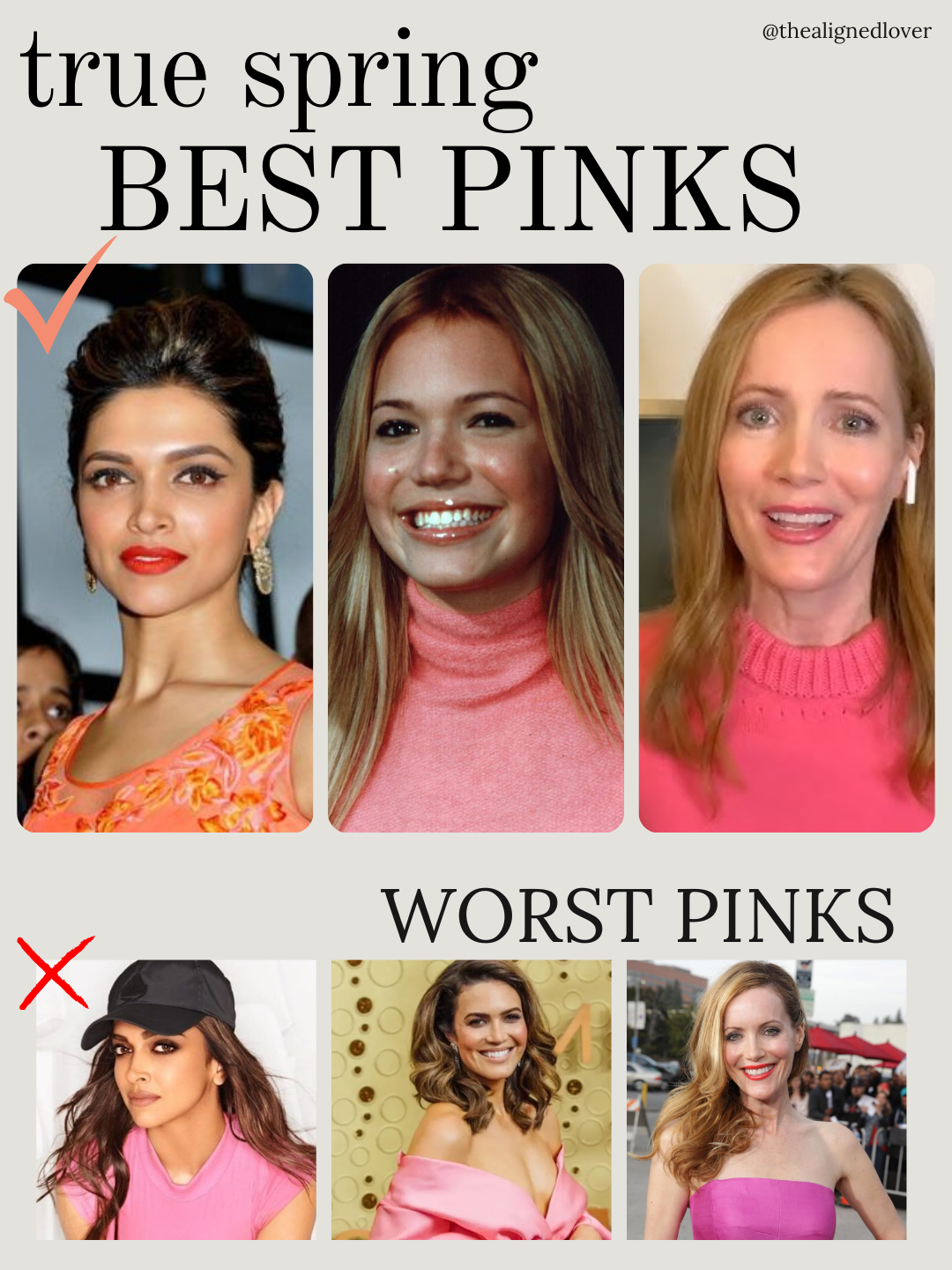 True Spring pink color palette showing peachy coral, soft warm pink, light salmon, and warm blush as winning shades; cool purplish pink, cold true pink, dark magenta, and fuchsia as shades to avoid.