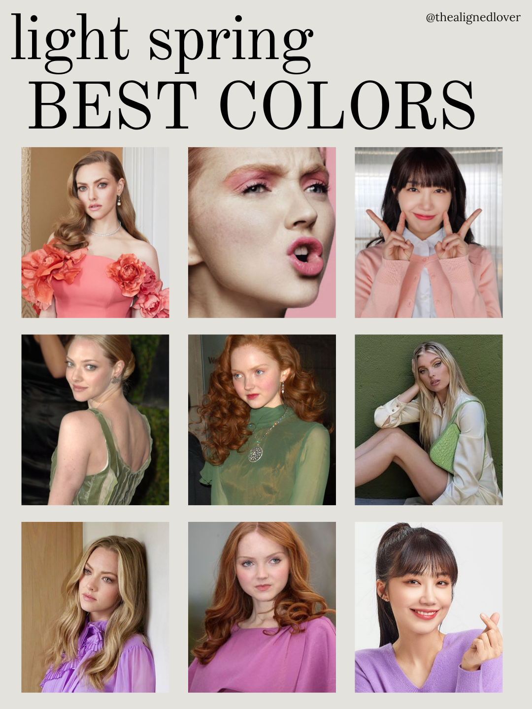 Full color palette chart for Light Spring, featuring soft, clear, and light warm shades including mint green, coral pink, lavender, and soft yellow, representing the best colors for this season.