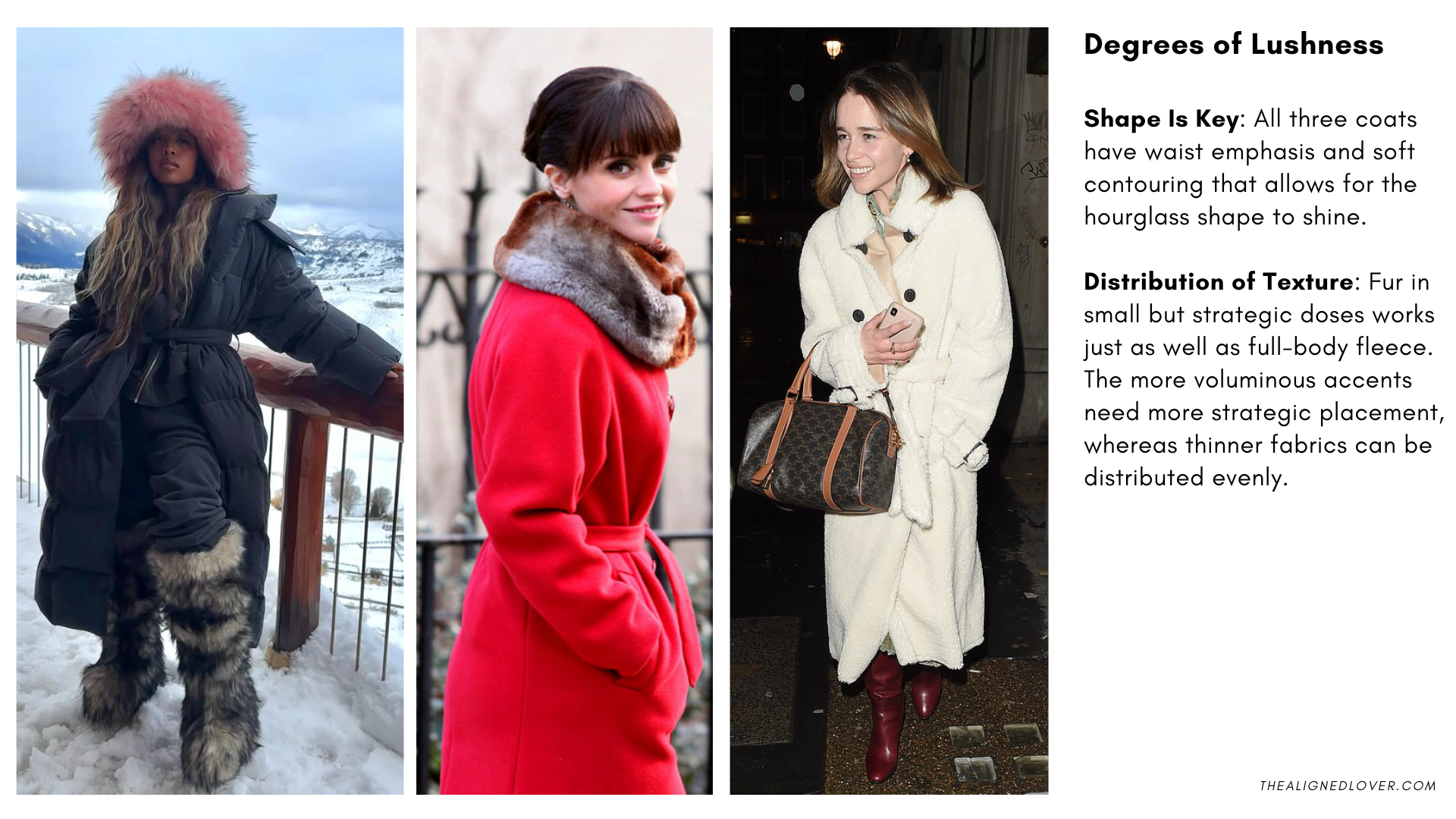 Kibbe Romantic styled in coats with varying volumes: subtle shoulder definition, medium volume, and dramatic lush coats, showing waist emphasis and face-framing shoulder detail.