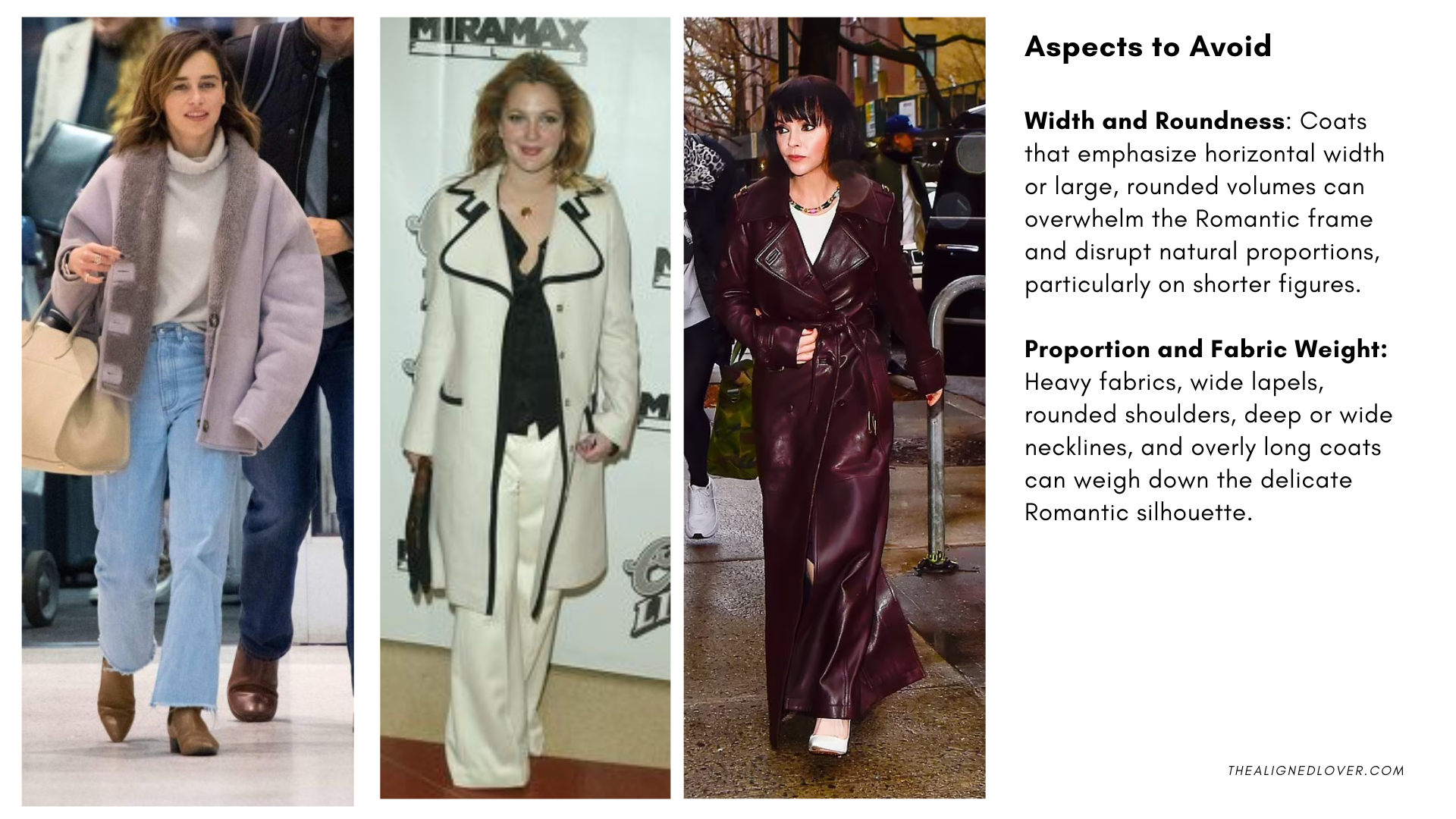 Example of a coat that overwhelms a petite Kibbe Romantic frame: wide, bulky, and unstructured, obscuring natural curves and disrupting vertical flow