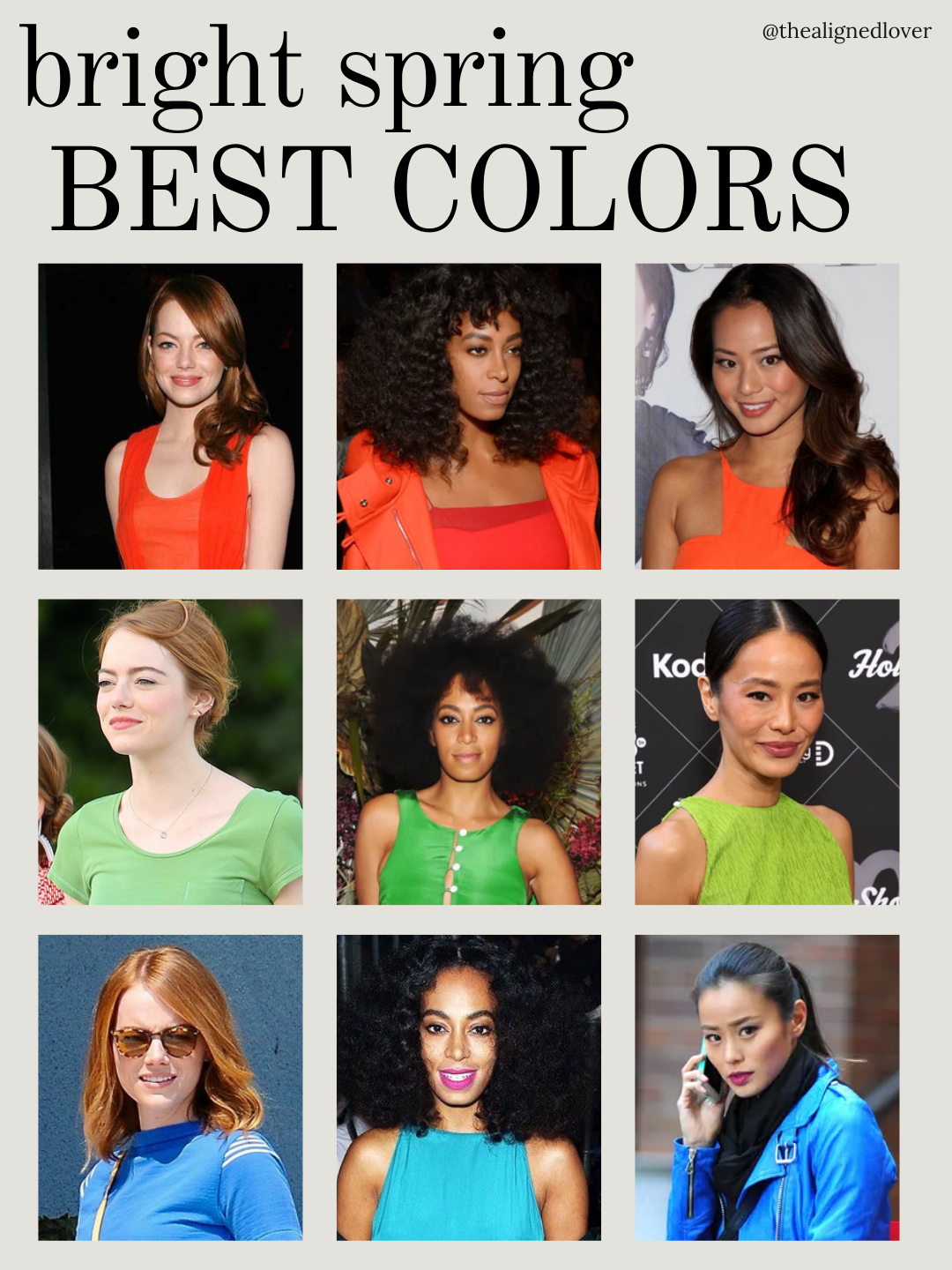Bright Spring color palette in action: Emma Stone, Solange, and Jamie Chung wearing the season’s top colors — tangerine, spring green, and turquoise. Shows how Bright Spring oranges, greens, and blues enhance natural brightness and contrast."
