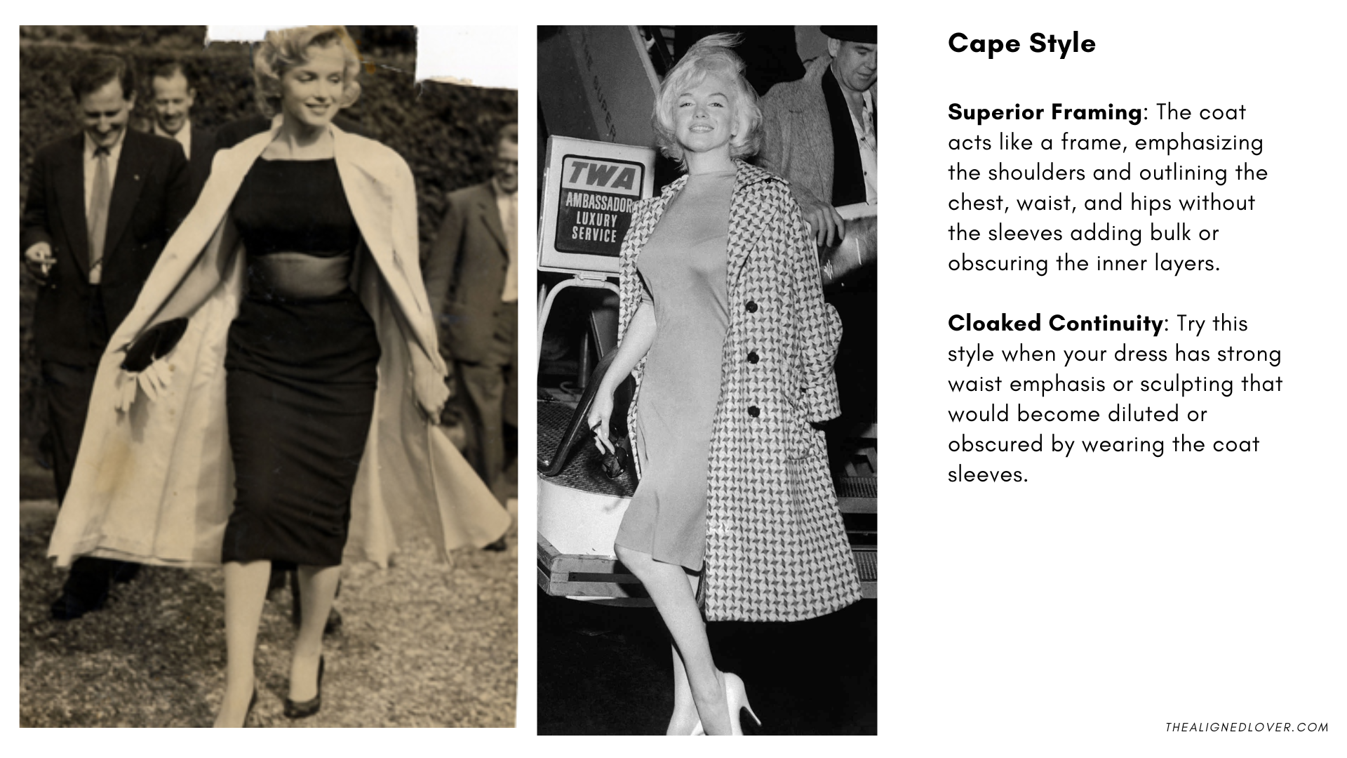Kibbe Romantic wearing a cape-style coat that outlines chest, waist, and hips while allowing sleeves to drape naturally, emphasizing petite curves and elongation.